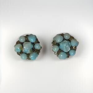 Vintage Judy Lee Earrings Clip On Blue & Gold Tone Beaded